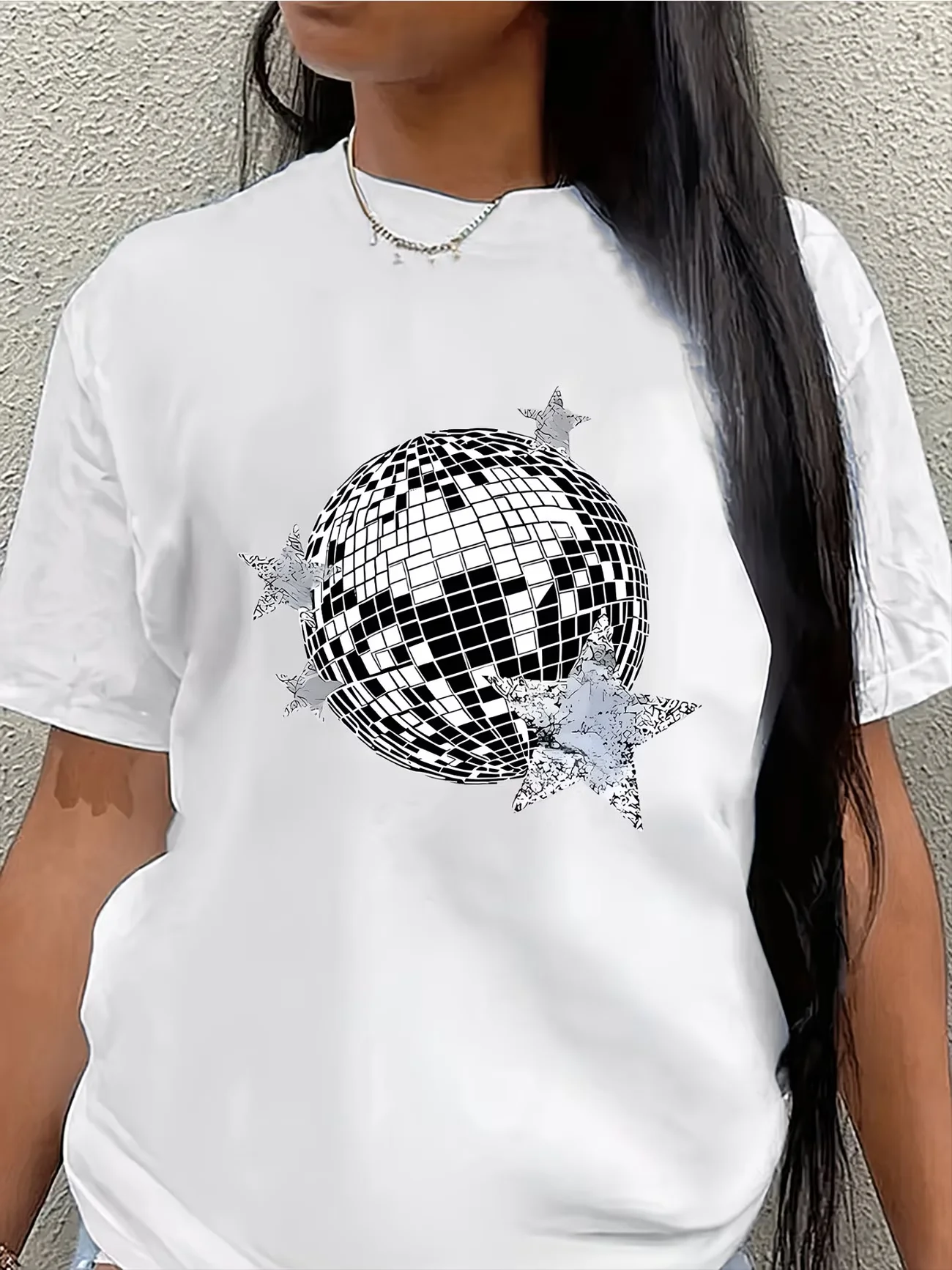 Vintage Disco Ball Graphic T-Shirt Women Summer Short Sleeve Star Print Loose Tops Female Fashion Nightclub Party Streetwear Tee