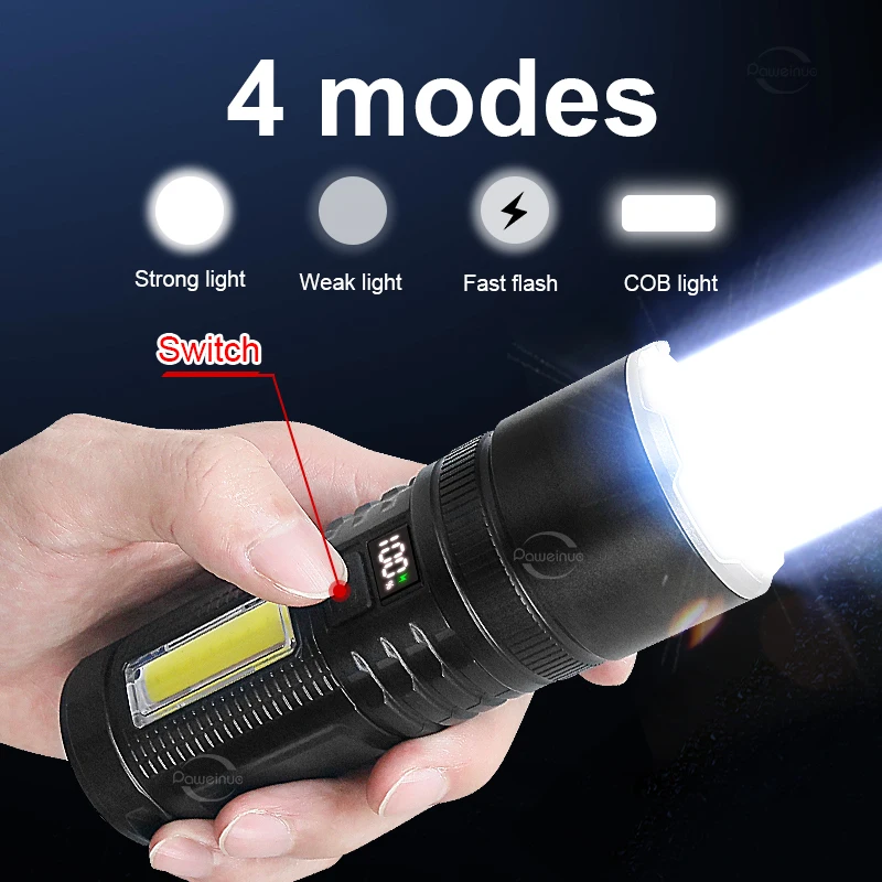 2024 New White Laser 99000000LM Flashlight Built-in Battery Rechargeable Torch Waterproof Outdoor Light Camping Lantern