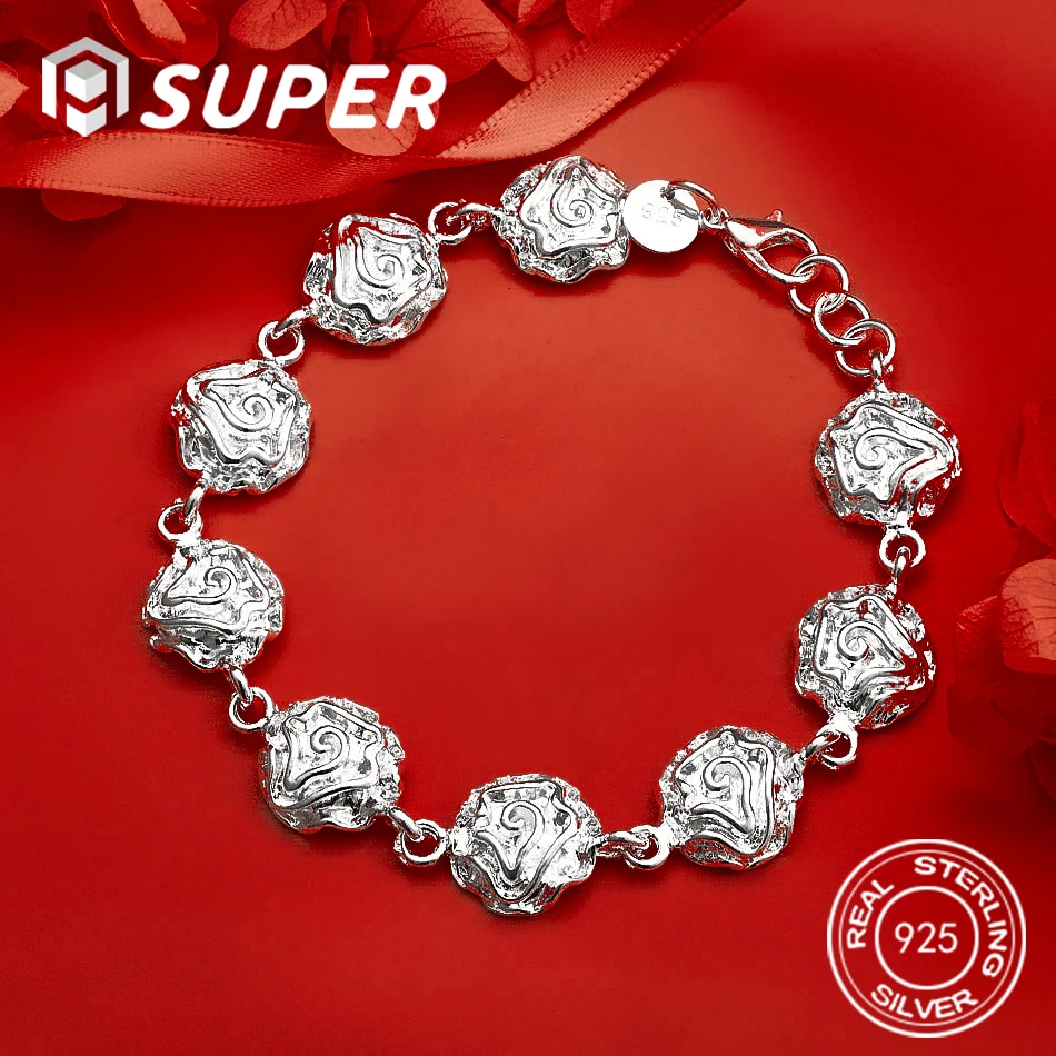 

ALISuper 925 Sterling Silver 8 Inch Exquisite Rose Flower Bracelet Fashion Wedding Accessory Gift Engagement Jewelry