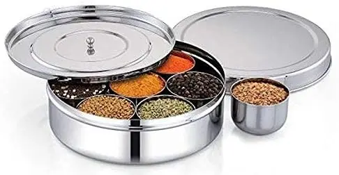 

Spice Container Stainless Steel Round Spices Box Kitchen Masala Dabba - Spice Container - Masala Dabba - 7 Compartments