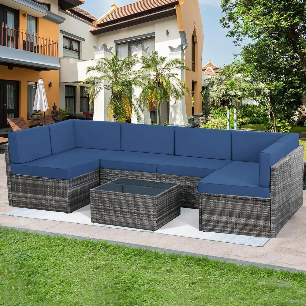 Outdoor Wicker Patio Móveis Set, PE Rattan Combinação Cadeira Set, Almofadas e Mesa de Café, 7 PCs
