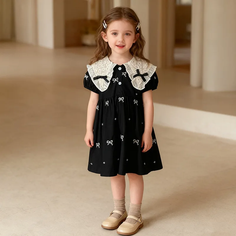 Girls Fashion Embroidered Bow Knot Dress Summer New Little Girls Toddler Princess Dresses Lace Kids Short Sleeve Party Clothes