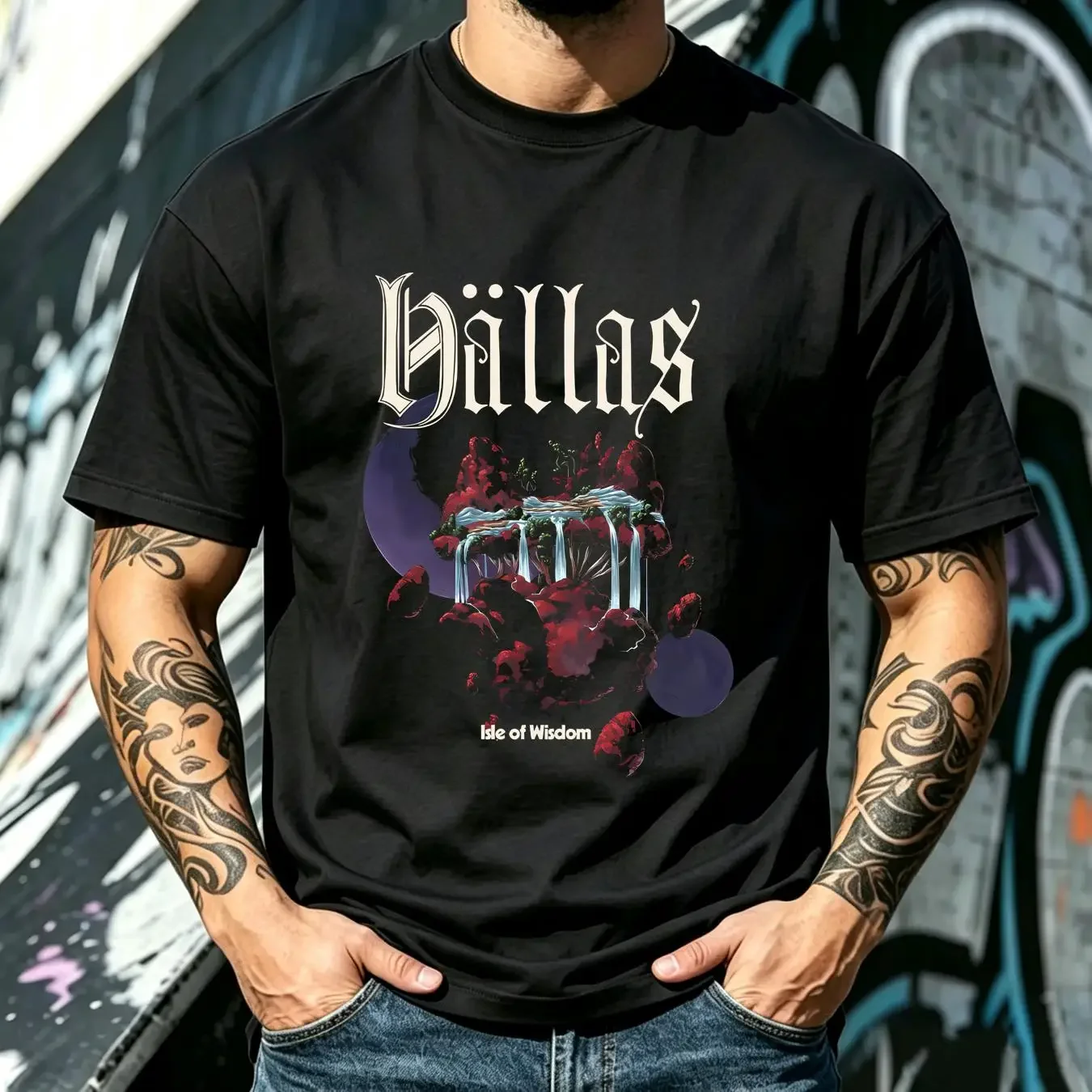 washed T Shirt NEW Hallas Isle of Wisdom  Black All Size AG1592 long or sleeves vintage Washed Stylish Stretched Soft Slightly