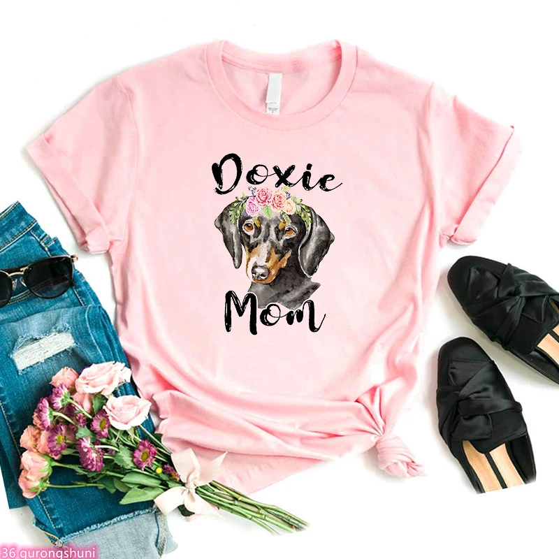 New T-Shirt Women Cute Dachshund Mom Dog Animal Print Tshirt Fashion Harajuku Tshirt Femme Summer Pink ShortSleeve Top wholesale