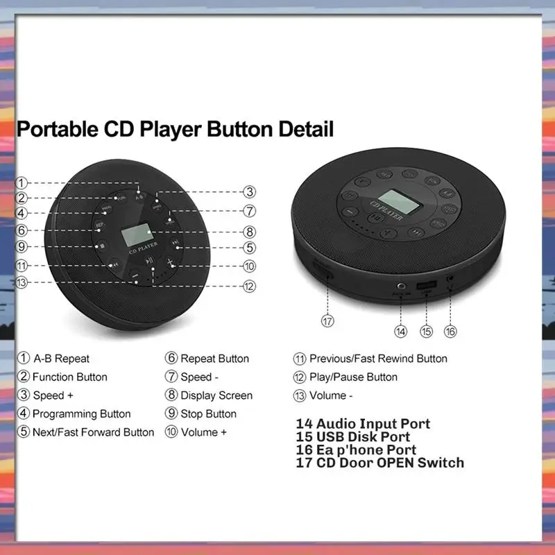 AC18(Guaranteed) Built-In Mic MP3 Compatible Portable CD Player Anti-Skip Audio Device For Car Speakers With Recording Functiona