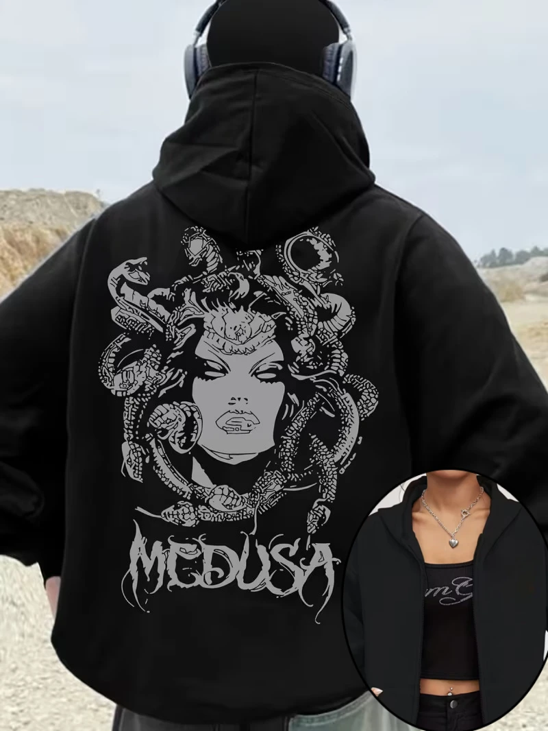 Tattoo Gothic Alt Fashion Pattern Sweatshirt Women's Zipper Hoodies Fleece Jacket Hoody Sweatshirt Pullover Coat All-Season