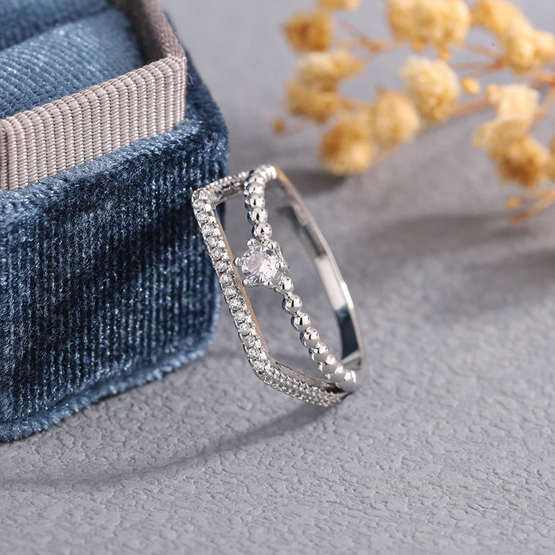 

925 Silver Plated Exquisite Hollow-Out Band Full Diamond Round bead Ring for Women Wedding Party Jewelry Gift