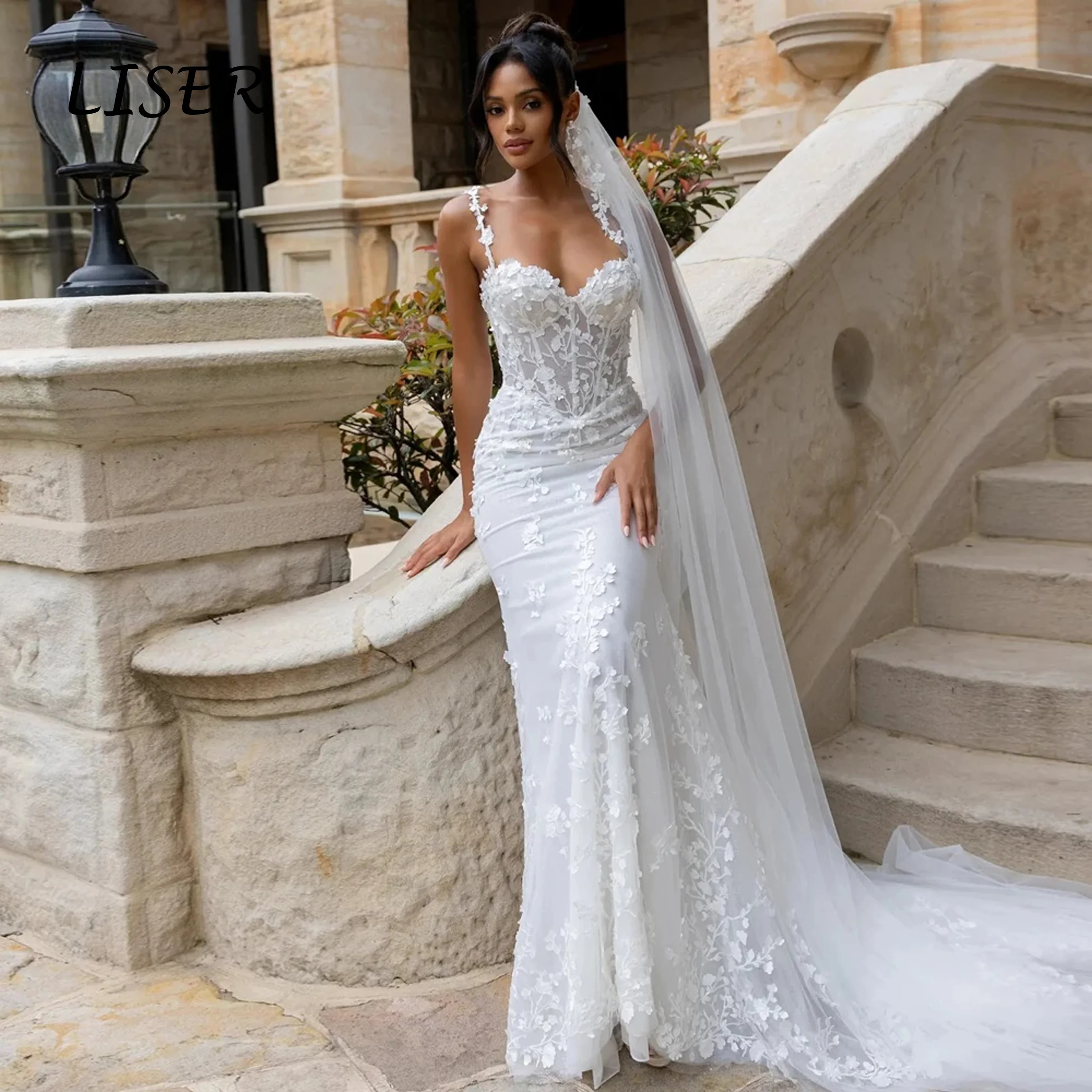 Liser Fancy Sweetheart Wedding Dress Bridal Spaghetti Strap Lace Appliques Zipper with Button Mermaid Vestidos 2026 Customised