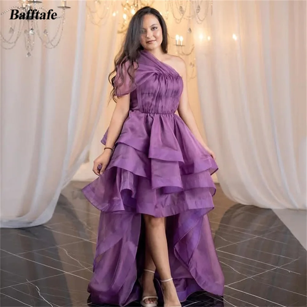 Bafftafe Customized Purple Organza Prom Dresses One Shoulder Pleated Short Front Long Back Women Party Formal Evening Gowns