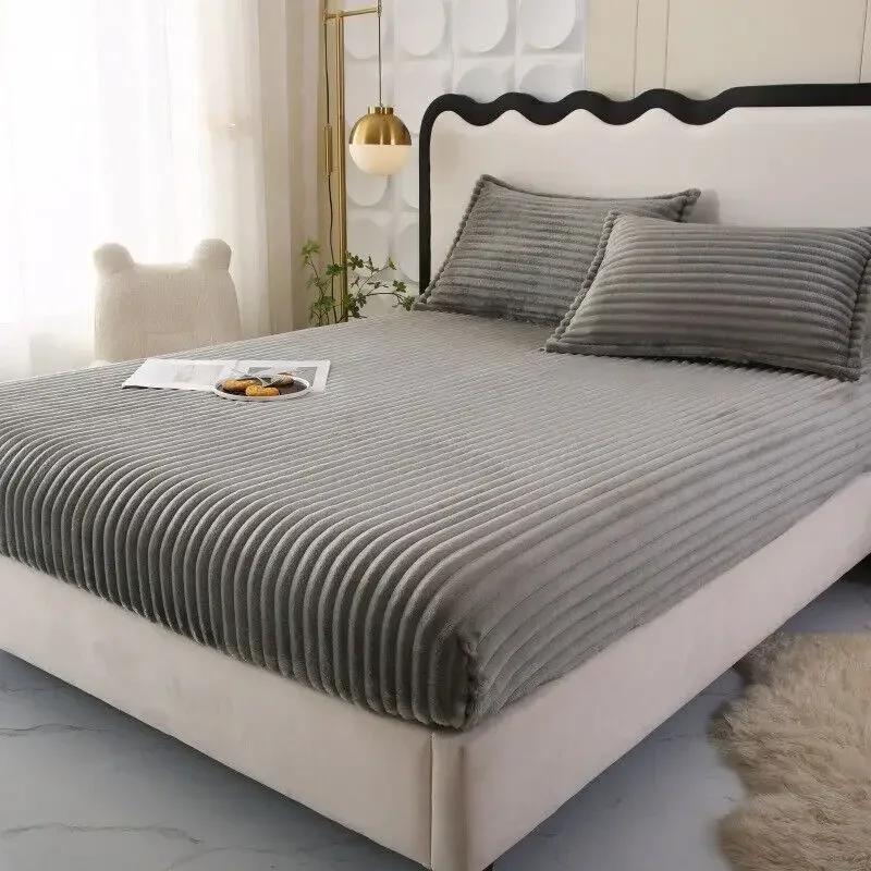 Soft Warm Plush Mattress Protector Cover Milk Velvet Striped Fitted Bedcover Sheet Elastic Warm Bedsheets Bed Protection Pad New
