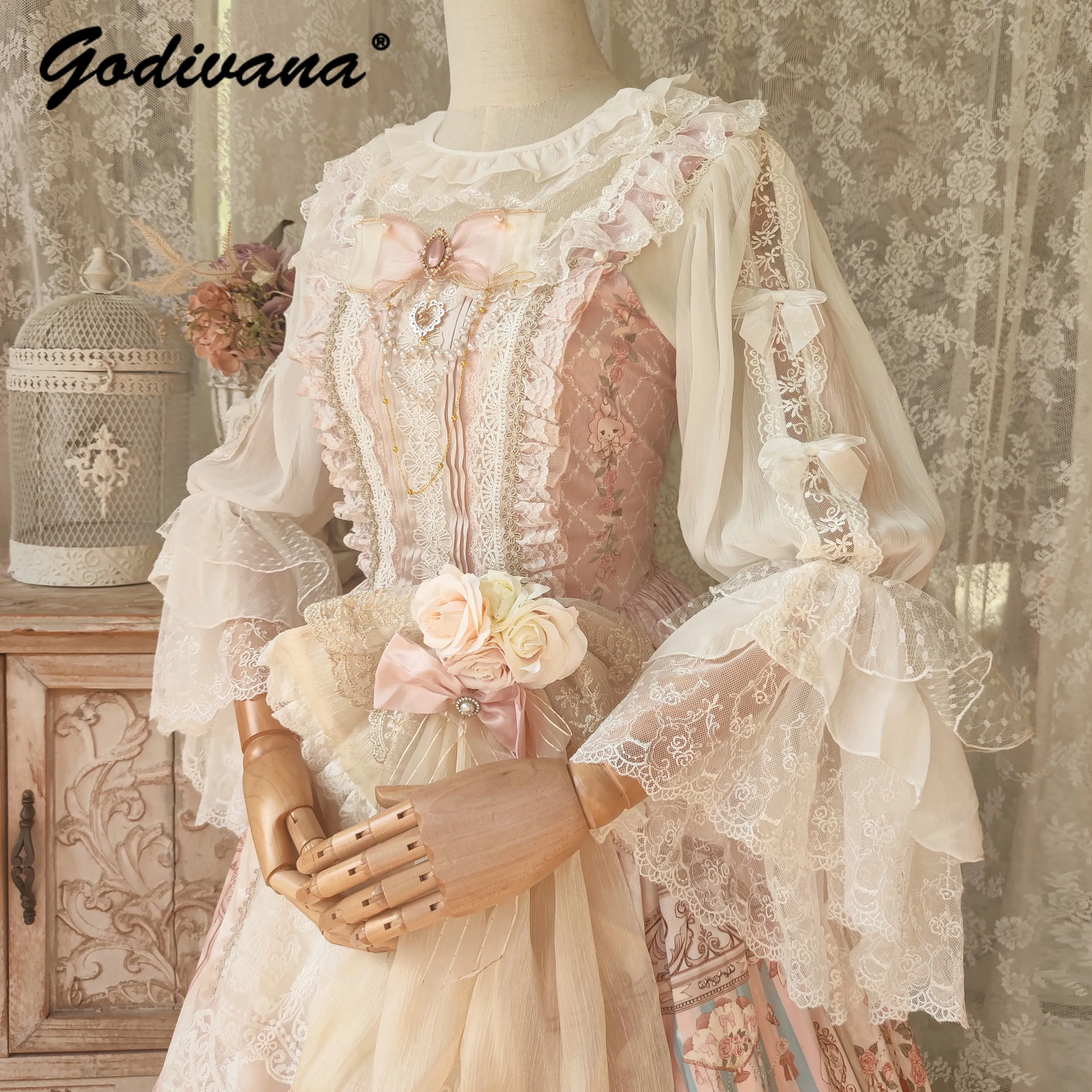 Lolita Inner Shirt New Spring and Summer Lace Flare Sleeve Elegant Flower Wedding Fairy Blouse Girl Women's Blusas Tops