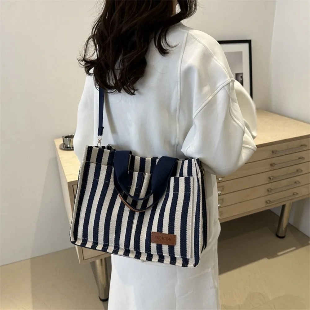 

Cute Large Capacity Stripe Canvas Tote Bag Simple Fashion Shoulder Bag Portable Korean Style Cloth Handbag Women