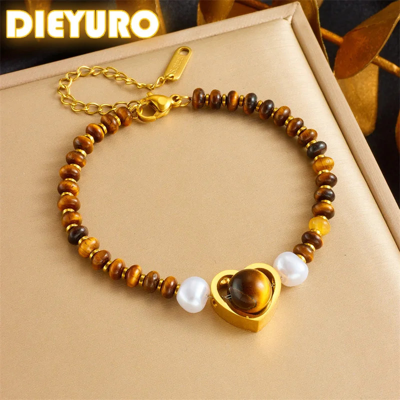 DIEYURO 316L Stainless Steell Maillard Wind Heart Tiger Stone Pearl Beaded Bracelet For Women New Trend Hand Chain Jewelry Gift