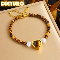 DIEYURO 316L Stainless Steell Maillard Wind Heart Tiger Stone Pearl Beaded Bracelet For Women New Trend Hand Chain Jewelry Gift