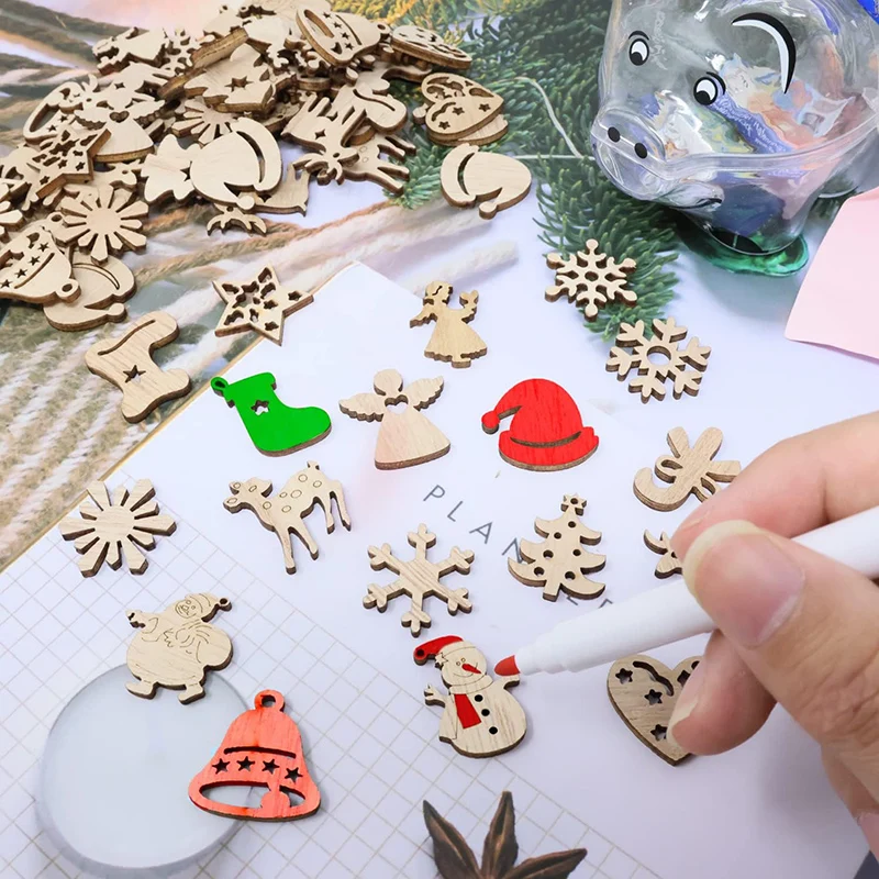 50Pcs Christmas Wooden Ornaments Unfinished Wood Slices Christmas Tree Hanging Decor for DIY Crafts Christmas Ornaments