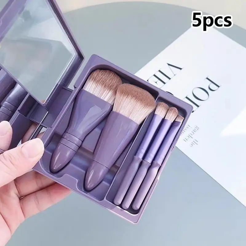 5Pcs Portable Makeup Brush Set With Mirror - Foldable Travel Kit ,Mini Makeup Brush Set Travel Makeup Brush Set