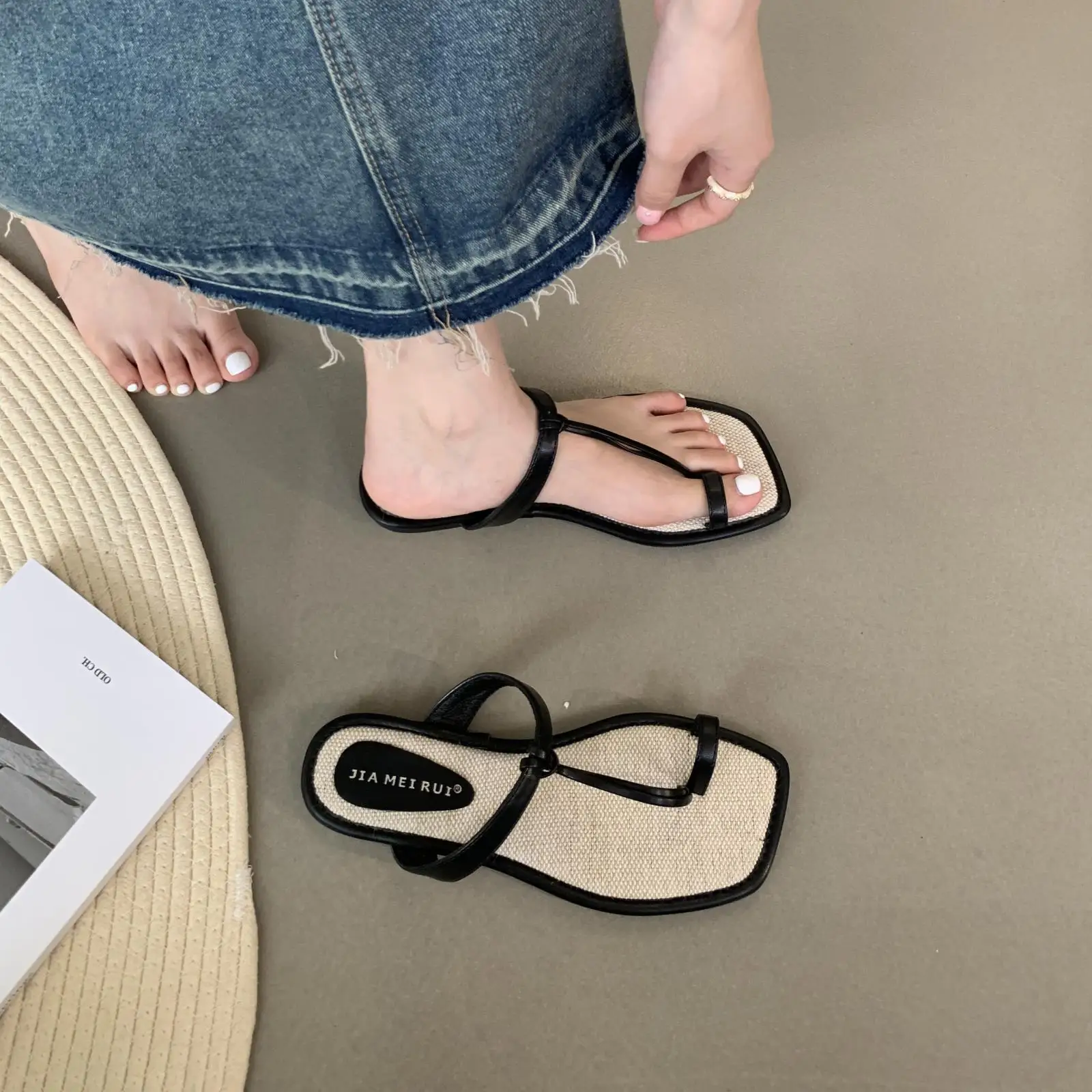 Shoes Slippers Women Summer Slides Square Toe Shale Female Beach Pantofle Rubber Flip Flops Low Flat Soft Sabot 2024 Hawaiian Ho