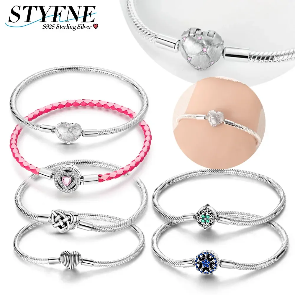 925 Sterling Silver Pink Love Leather Rope Braided Snake Bone Chain Original Bracelet Diy Beaded Charm for Women Jewelry Gift