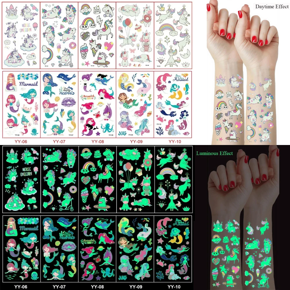 5 Sheets/Set Luminous Tattoo Stickers Creative Temporary Tattoo Unicorn Butterfly Animal Dinosaur Mermaid Cartoon Stickers Gift
