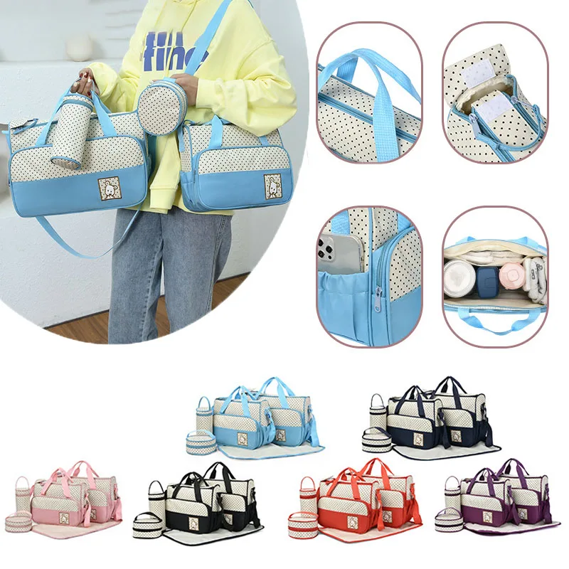 5PCS Dot Collections Diaper Bag Set Hospital Maternity W/ Baby Necessities Bag Large Capacity Baby Bag for  Mom Travel sac bebe