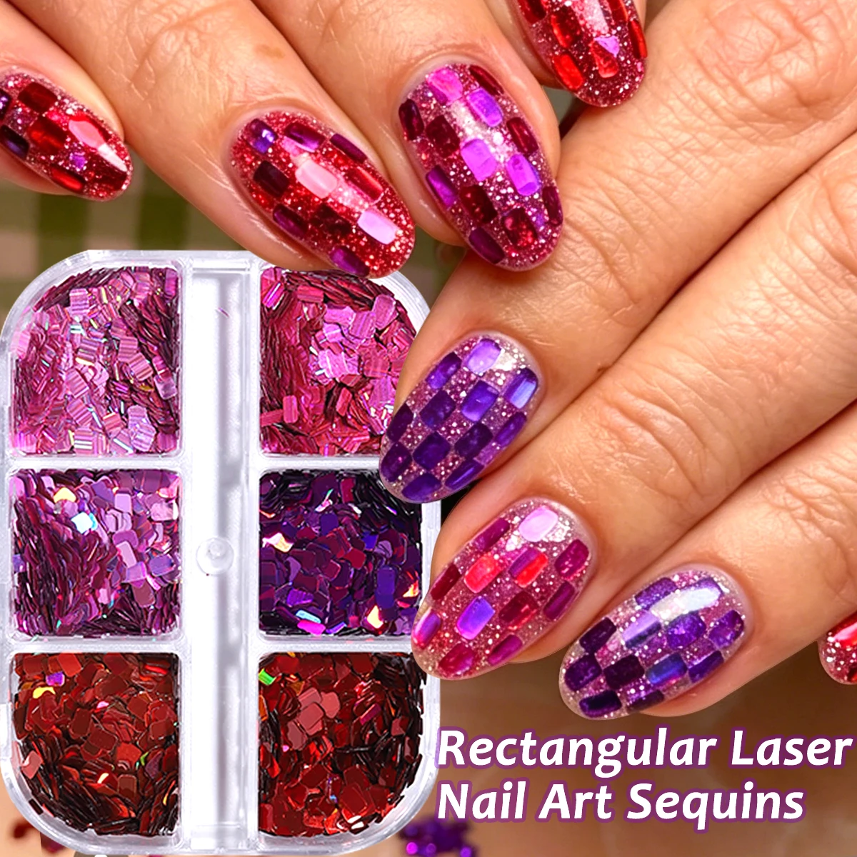 6 grilles de paillettes rectangulaires rouge, rose et violet pour ongles, flocons holographiques métalliques longs pour ongles, DIY