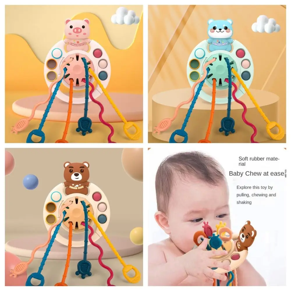 String Sensory Toys Montessori Pull String Silicone Pig 3 In 1 Develop Teething toy Bear Finger Grasp Training Toddler/Baby