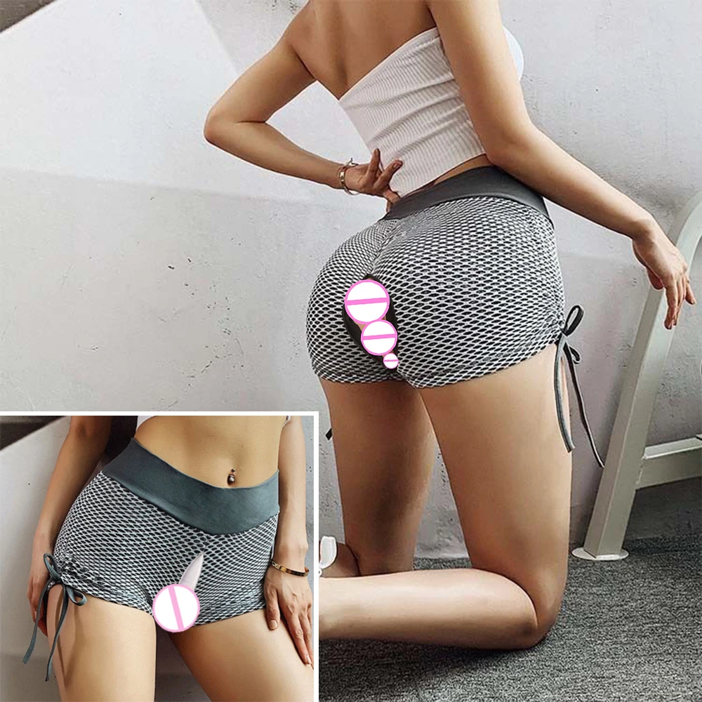 Invisible Open Crotch Outdoor Sex Summer Fitness Pants European Honeycomb Jacquard Sports Shorts Women Yoga Pant Sexy High Waist