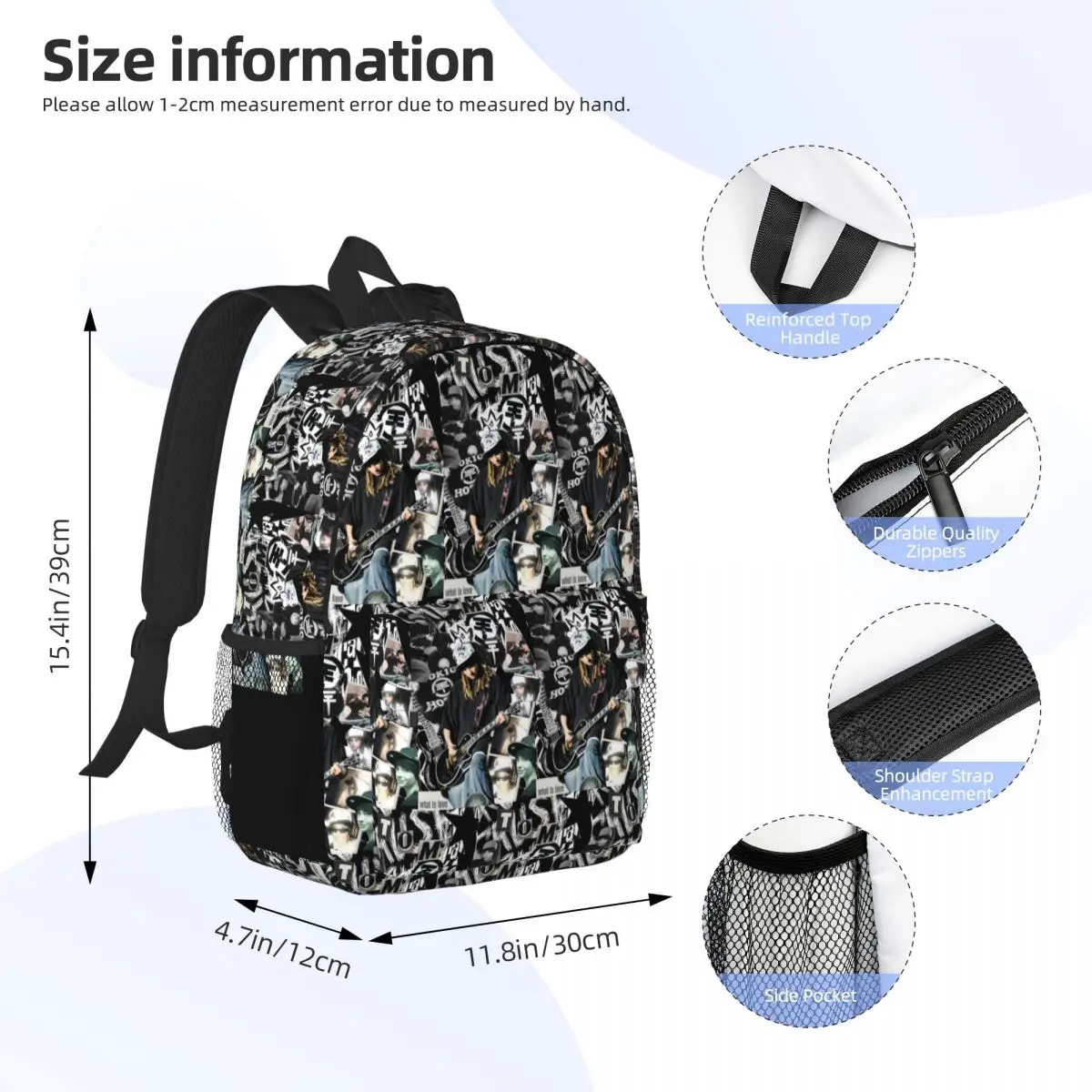 Tokio Hotel Tom Kaulitz Music Band Backpack Daypack Large Capacity Boys Girls BookBag Shoulder Bags for Men Women School Bag