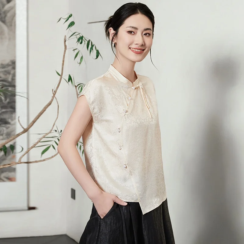 

New Chinese Sle Silk irt Women's Summer 2025 Floral Embroidery Stand Collar ort Sve Daily Wear Loose Fit Artistic