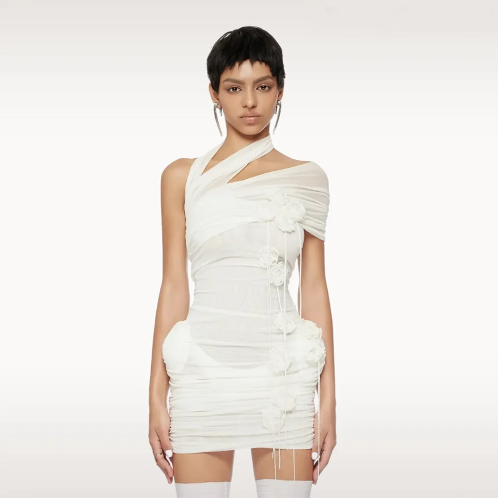 

Сексуальные сетчатые короткие платья с лямкой на одно плечо для женщин, роскошные летние платья 2025, новое вечернее платье с высокой талией и цветочным принтом, модные вечерние платья