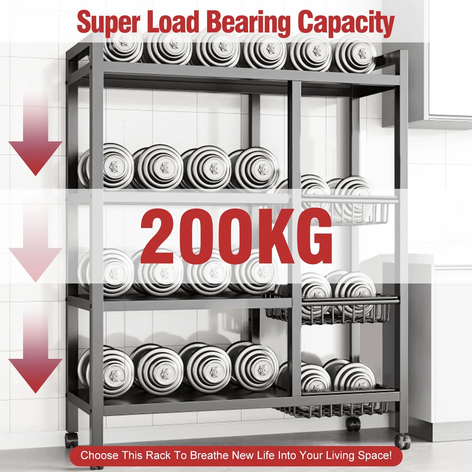 1 رف تخزين المطبخ متعدد الوظائف، سلال تخزين سلة قابلة للتعديل مكونة من 4 طوابق و3 خطوط، رف ميكروويف متنقل قابل للتعديل