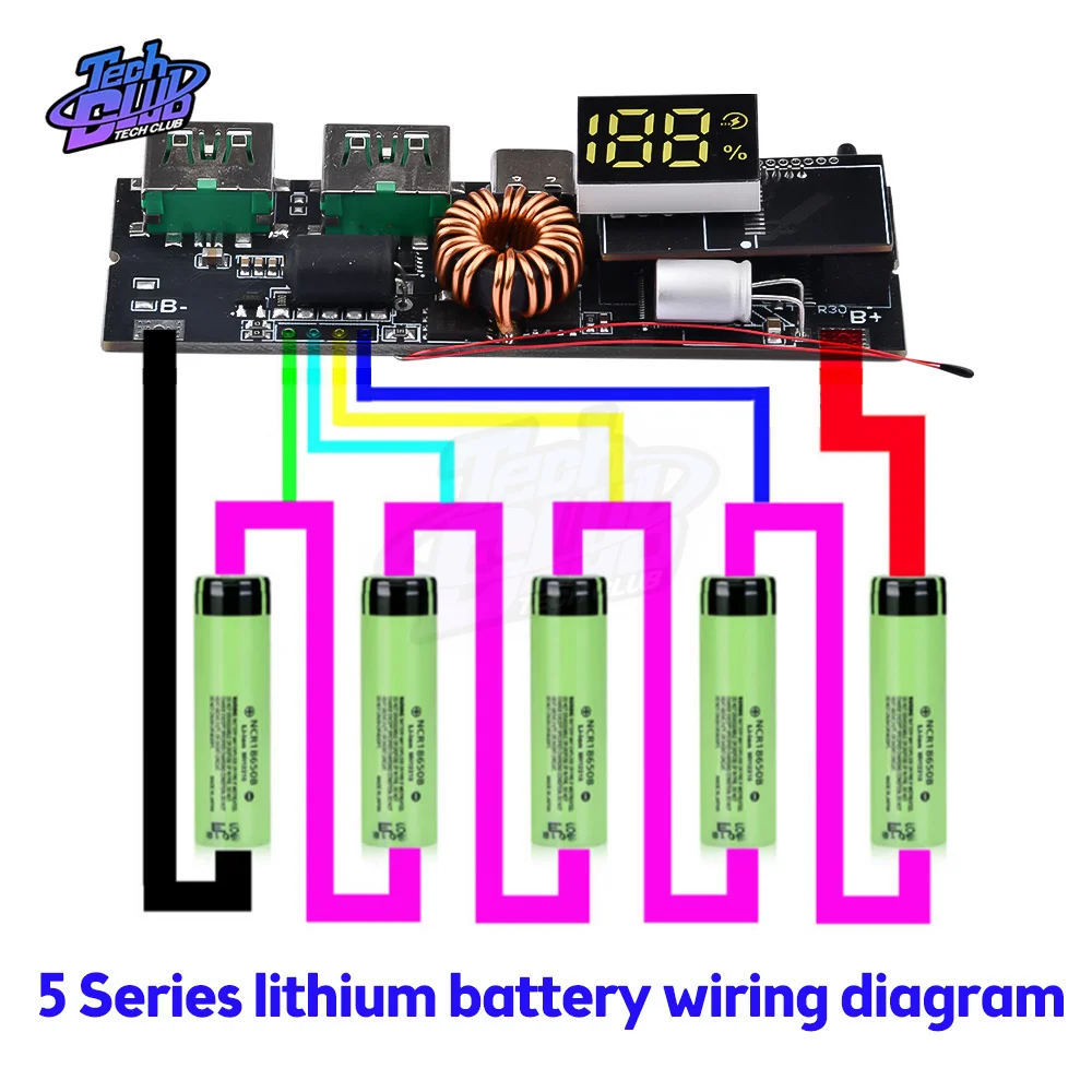 QC4.0 QC3.0 LED Dual USB PD Fast Charger 5A 100W Micro/Type-C USB Mobile Power Bank 18650 Charging Temperature Protection Board