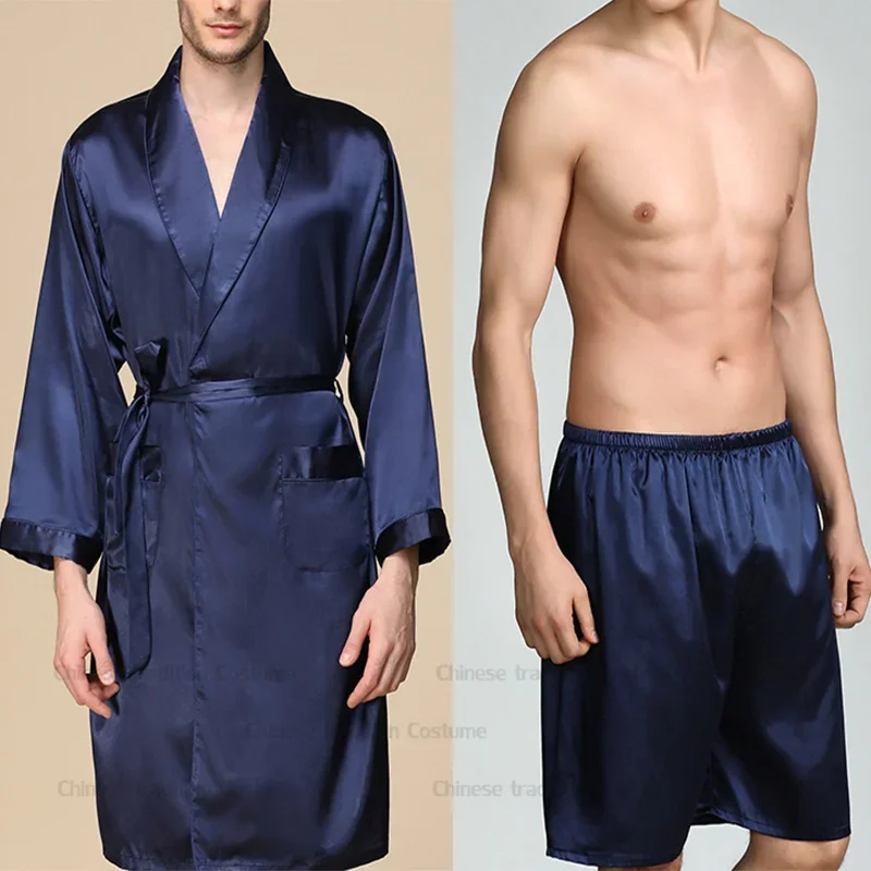 Plus Size 3Xl 4Xl 5Xl Robe Men Silk Stain Nightwear Pajamas Outfit Blue Kimono Bathrobe Suit Print Peignoir Pant Shorts Set