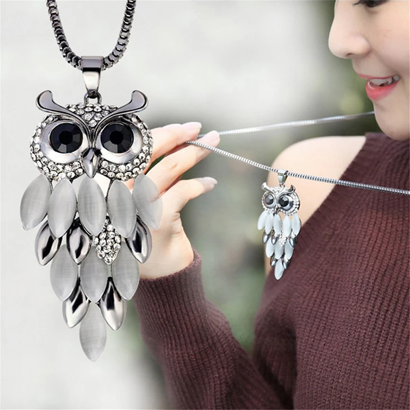 2023 Fashion Alloy Crystal Owl Pendant Necklace For Women Choker Girls Pendants Long Chain Sweater Necklaces Bijoux Jewelry