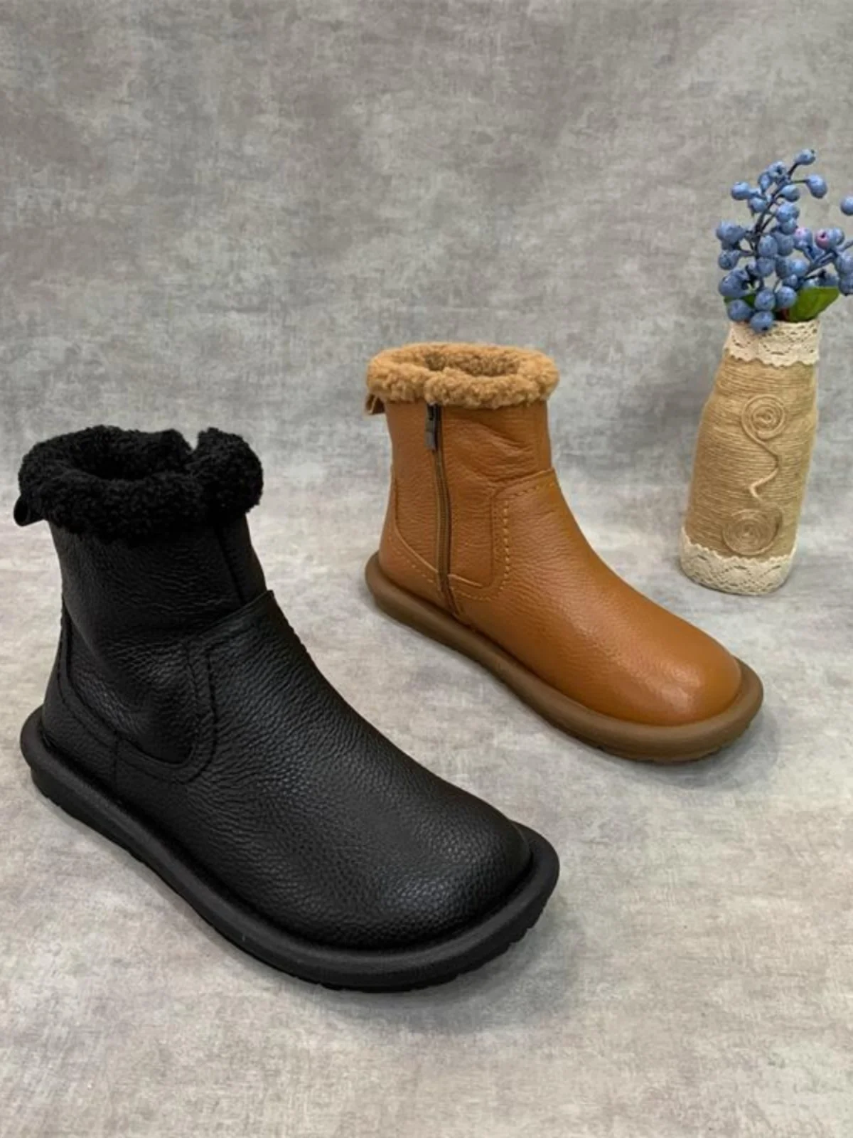 

Retro Zipper Fce Lined Thiened round Toe ort Snow Boots Women's Autumn Winter New Sle Leather And Fur Inteated Boots