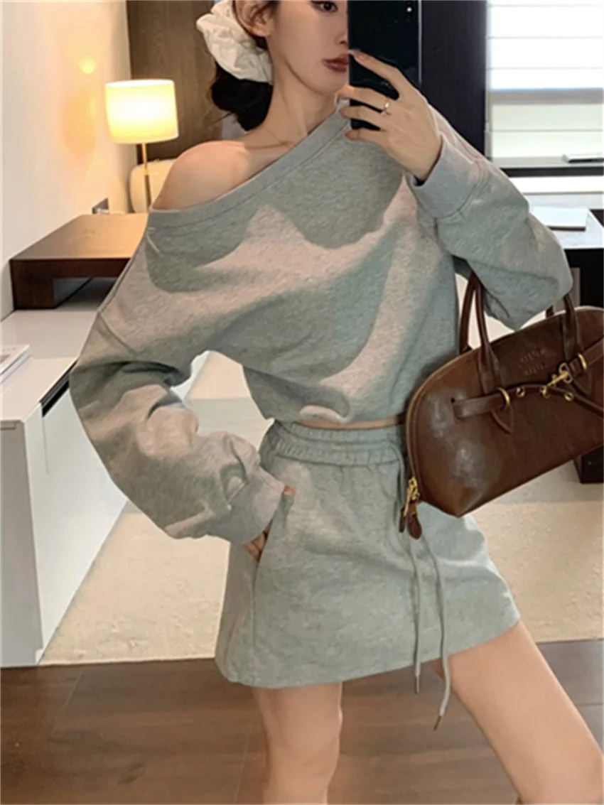 PLAMTEE 2024 High Street Casual Suits Chic Loose Women Elegant Sweatshirts Sets Autumn Daily OL Skew Collar New Mini Skirts