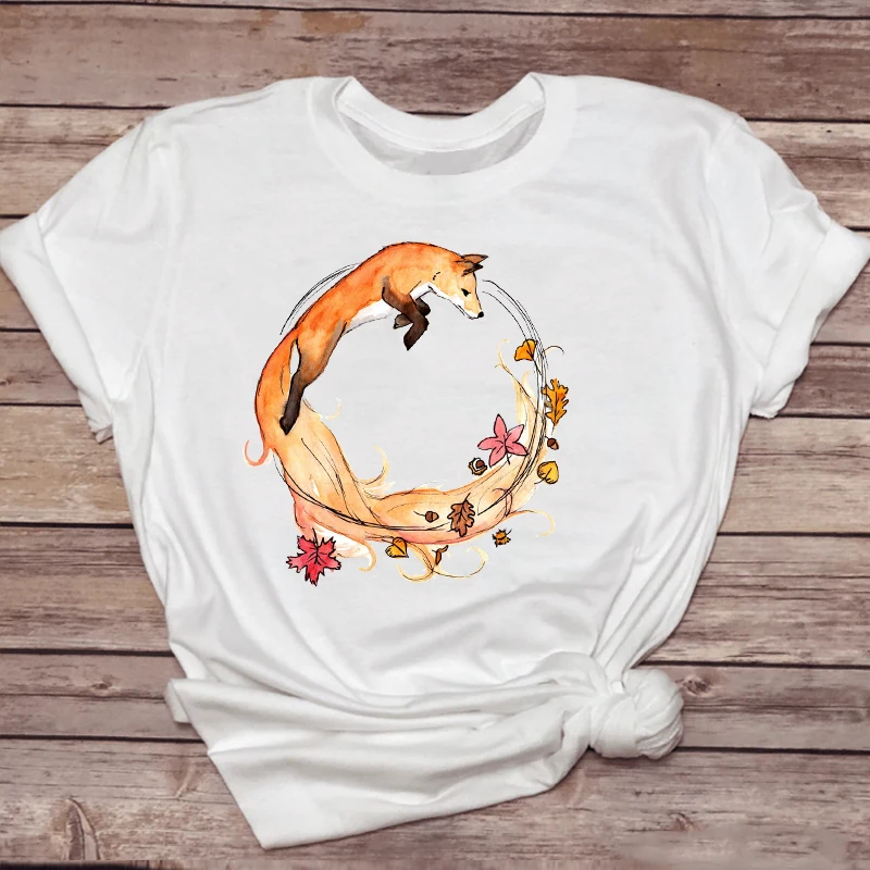 Women T-shirts Watercolor Fashion Short Sleeve 90s Fox Animal Ladies Print Graphic T Top  Lady Shirt Travel Tee T-Shirt