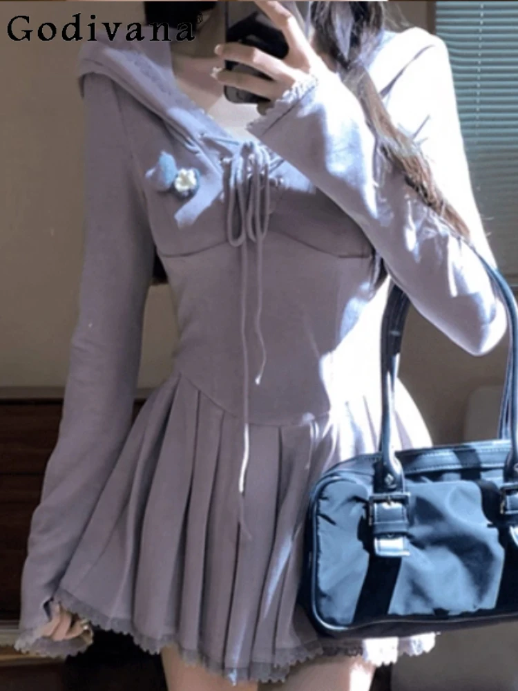 

Women Autumn Sweet Sexy Elegant Purple Long Sleeve Hooded Dresses Fashion High Waist A-line Cute Japanese Leisure Pleated Dress