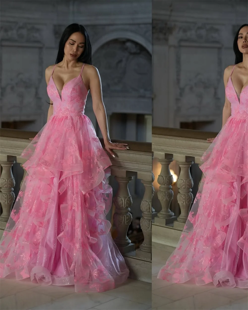Contessa Custom Roze Glitter Tule Galajurk Spaghetti Band Diepe V-hals Baljurk Ruche Rok Voor Vrouwen Formele Avondfeest