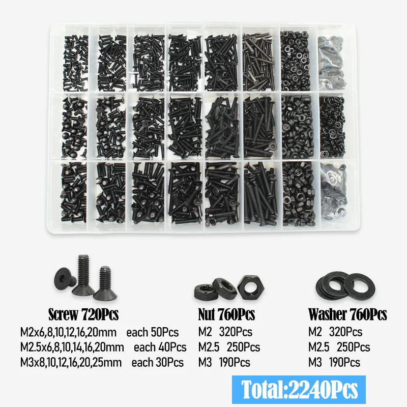 2520 Teile/satz M2 M2,5 M3 M4 M5 M6 Schwarz Grade 10,9 Stahl Sechskant Innensechskant Flache Senkkopf Inbus Bolzen Schraube Mutter Unterlegscheibe Kit – Detail 8