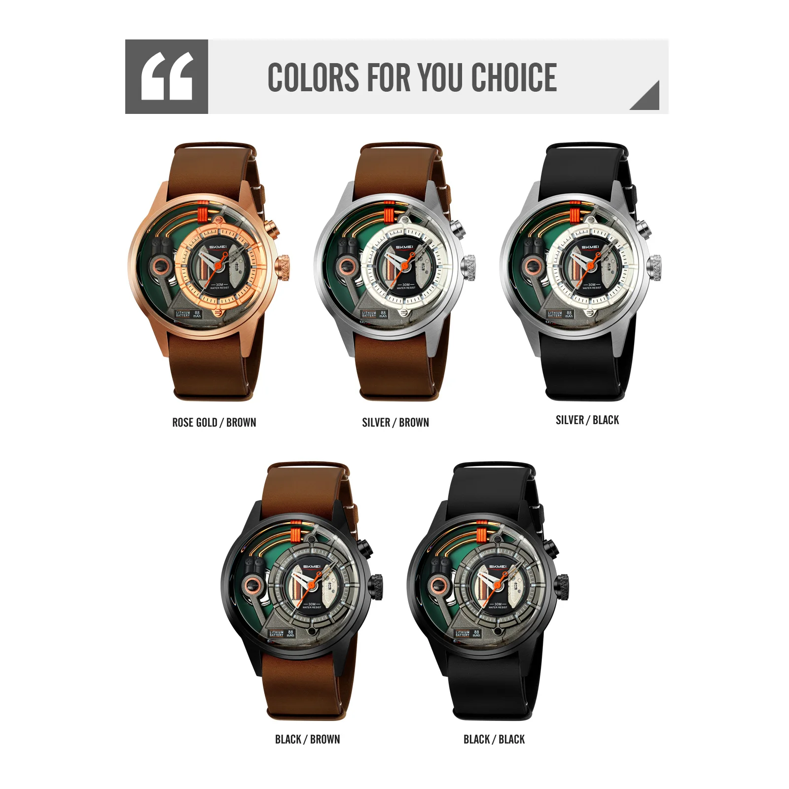 SKMEI Luxury Quartz Mens genuine leather Business elites Alloy Watches Waterproof Mens Casual Wristwatches Display Clock 2333