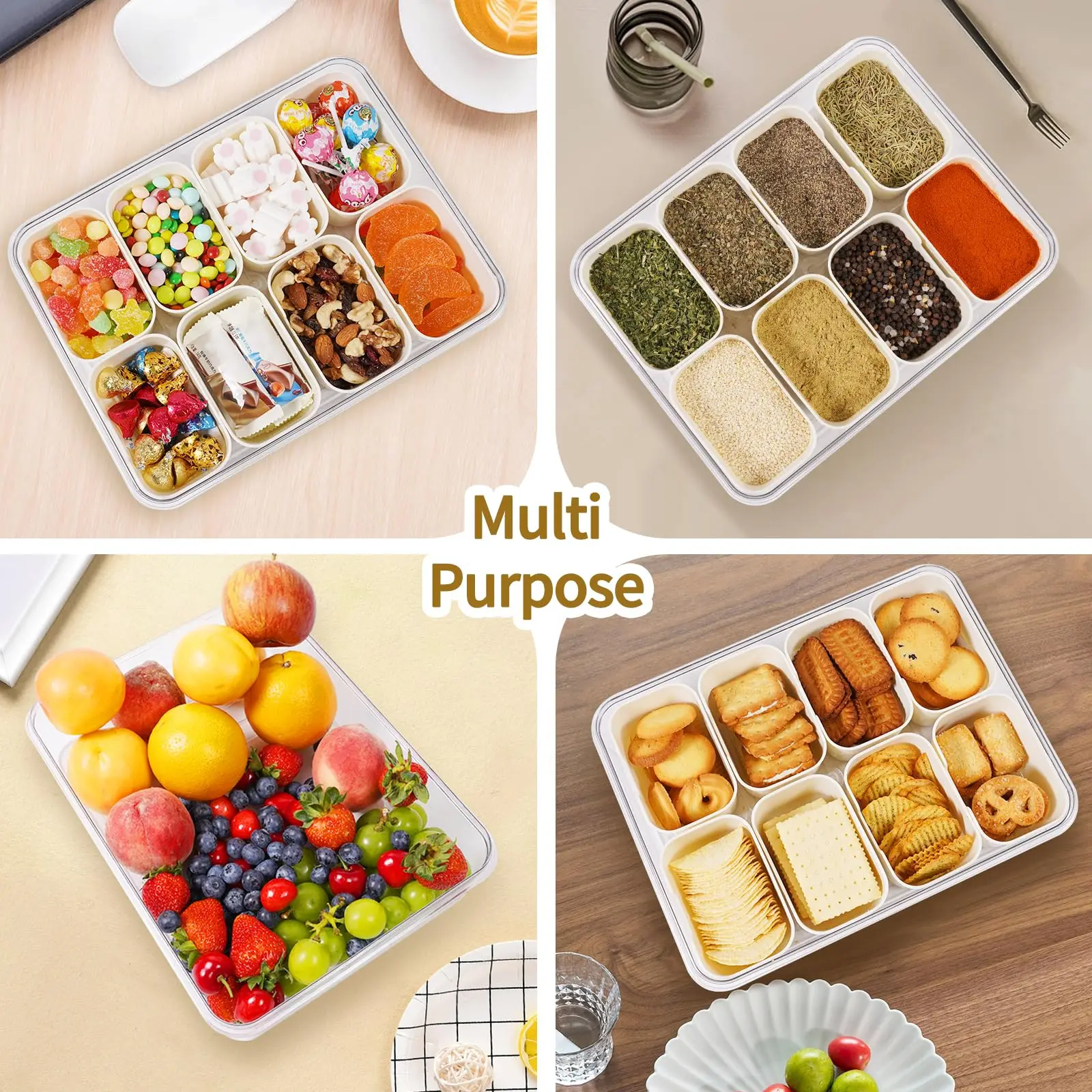 Snackle Box Container Lid With 8 Compartment Portable Divided Serving Tray with Lid for Sweets Vegetables Biscuits Nuts