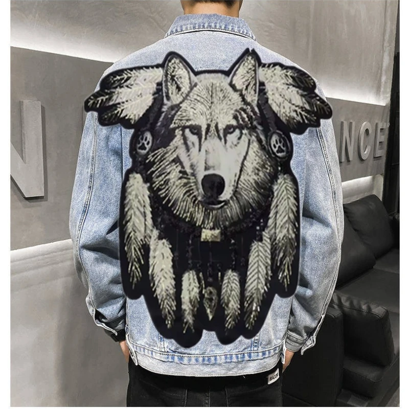 America Vintage Heavy Wolf Embroidered Patch Jeans Jacket Men Hip Pop Punk Rivet Denim Jackets Streetwear Fashion Blue Coats Men