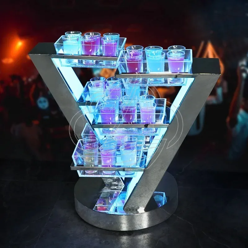 Luminous V-Shape Stainless Steel Cup Holder Organizer for Cocktail Bullet Cups Bar KTV Decor