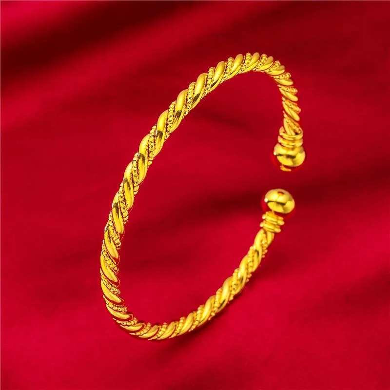 24K Real Gold bangle 9999 Niche Premium Twist Push-Pull Half Studded Sand Half Glossy Twist Bracelet for Women Fine Jewelry