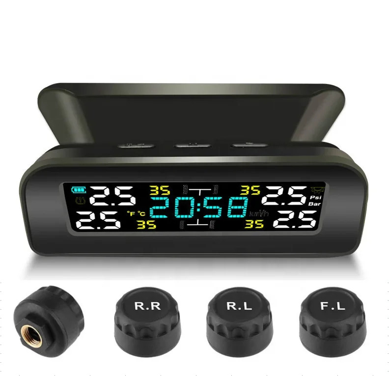 

#Universal TPMS Wireless Tire Pressure Monitoring Solar Power Clock LCD Display With 4 External Sensor