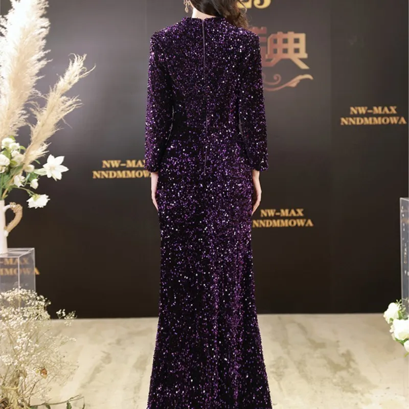 Purple sequin banquet temperament fishtail light luxury niche host couture dress