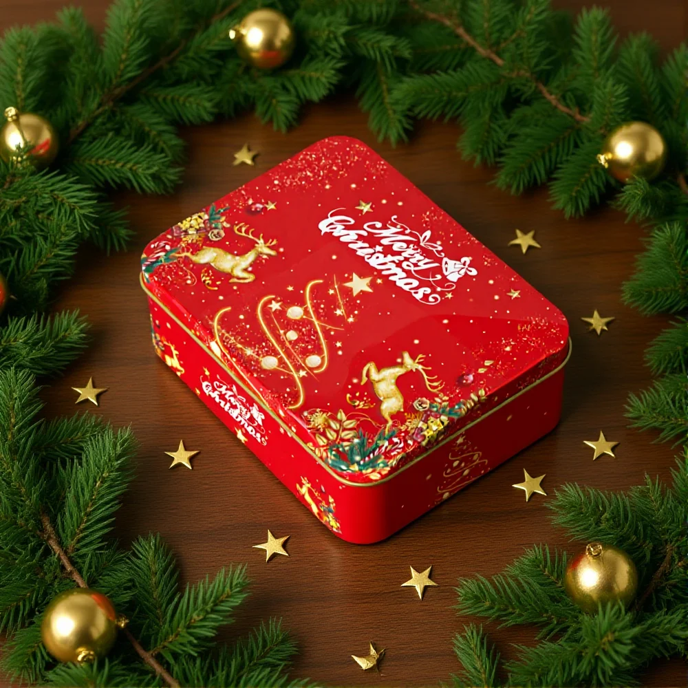 

Elk Pattern Tin Box Christmas-Themed Christmas Gift Box Gift Packaging Boxes Smooth Surface Empty Cookie Tinplate Box For Candy