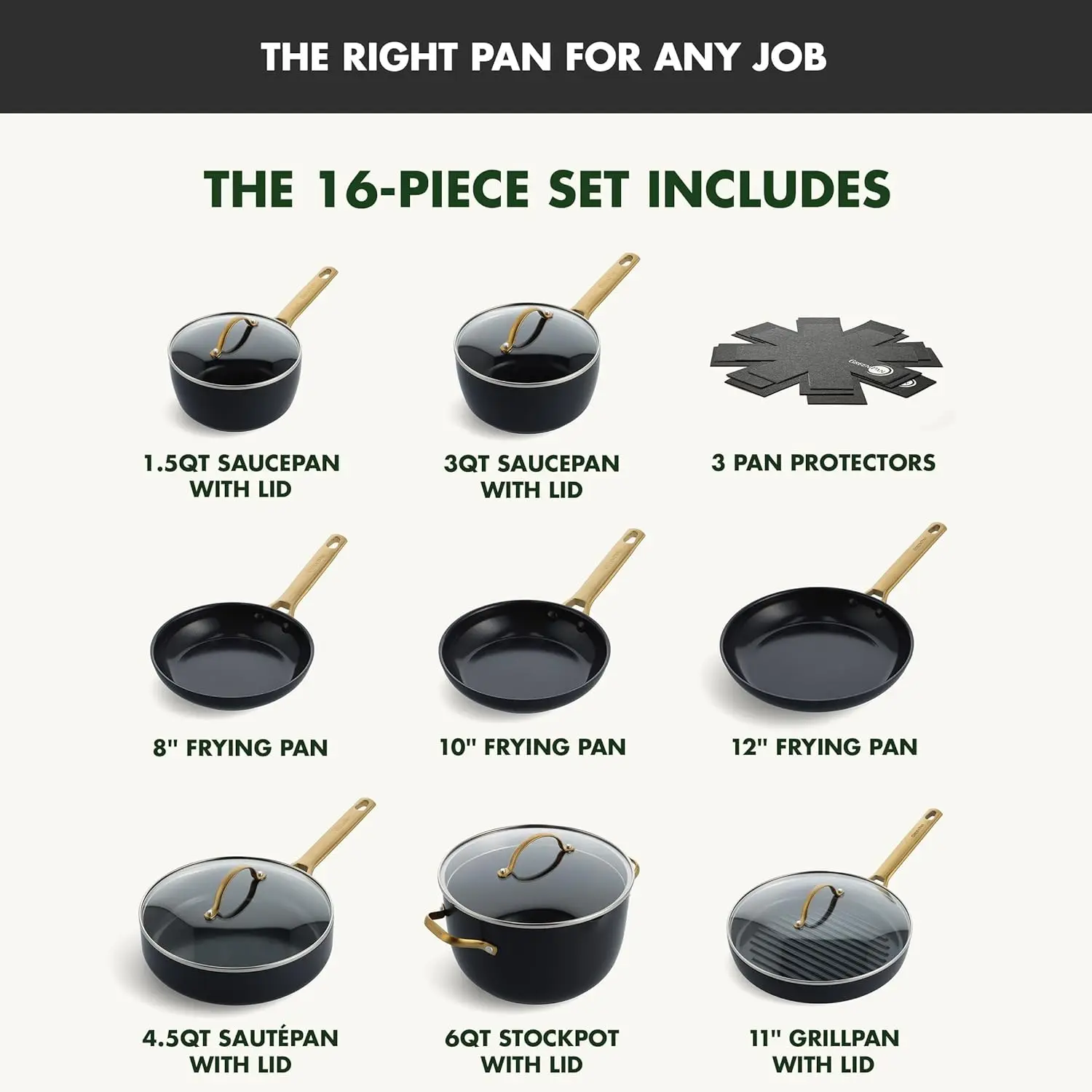 Reserve Hard Anodized Healthy Ceramic Nonstick, 16 Piece Cookware Pots and Pans Set, Gold Handle, PFAS-Free, Dishwasher Safe