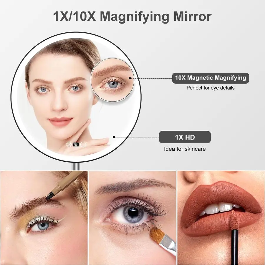 Professioneller Schminkspiegel mit Lichtern, wiederaufladbarer HD-Kosmetikspiegel, CRI98 TrueSunlight, 3 Farbmodi, stufenlose Dimmung, 5